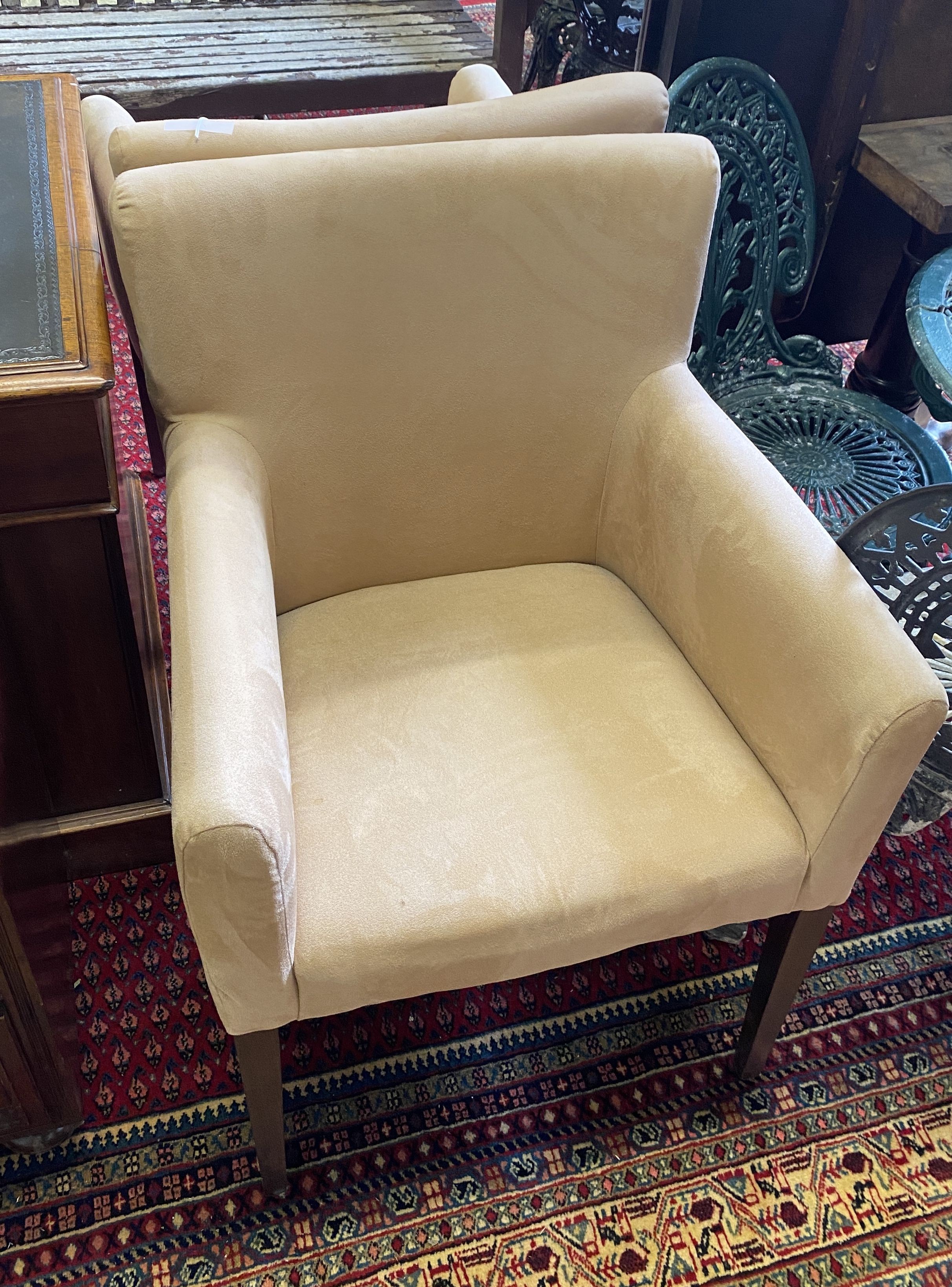 A pair of square framed armchairs with faux suede upholstery, width 60cm, depth 58cm, height 88cm